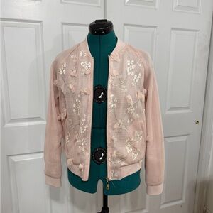 Floral Embroidered Mesh Pink Bomber Jacket